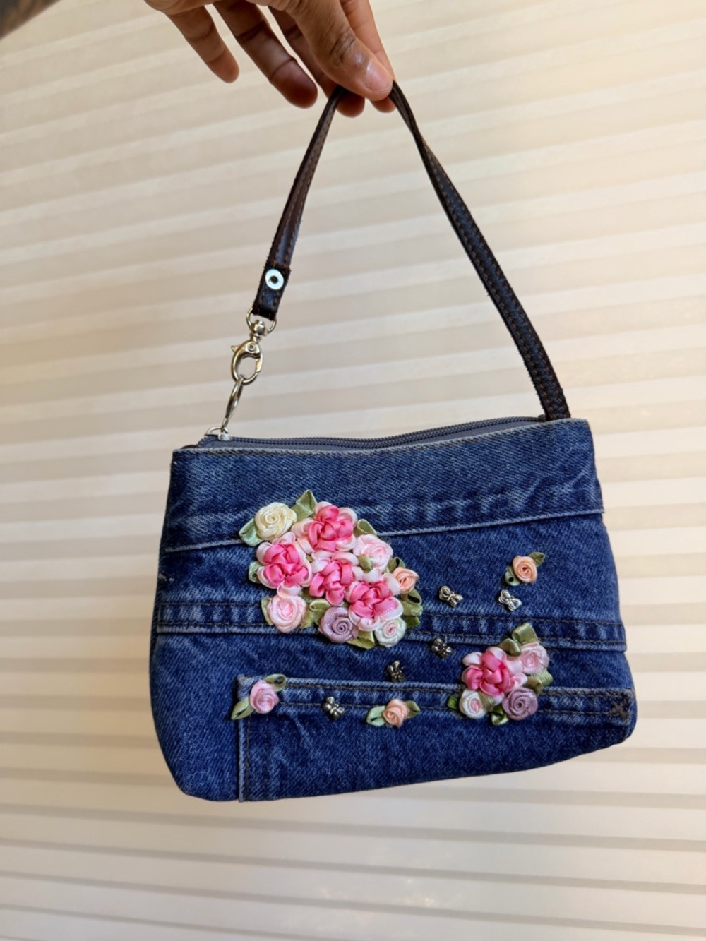 Vintage Denim Floral Appliqué Mini Shoulder Bag Y2K Cottagecore Statement Purse